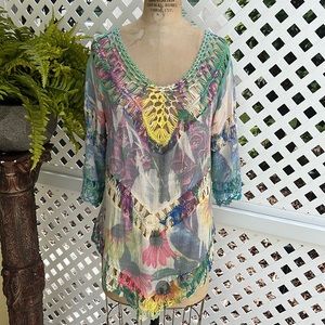Anthropologie Dor Dor Couture Crochet Pastel Floral Tunic Size XL EUC